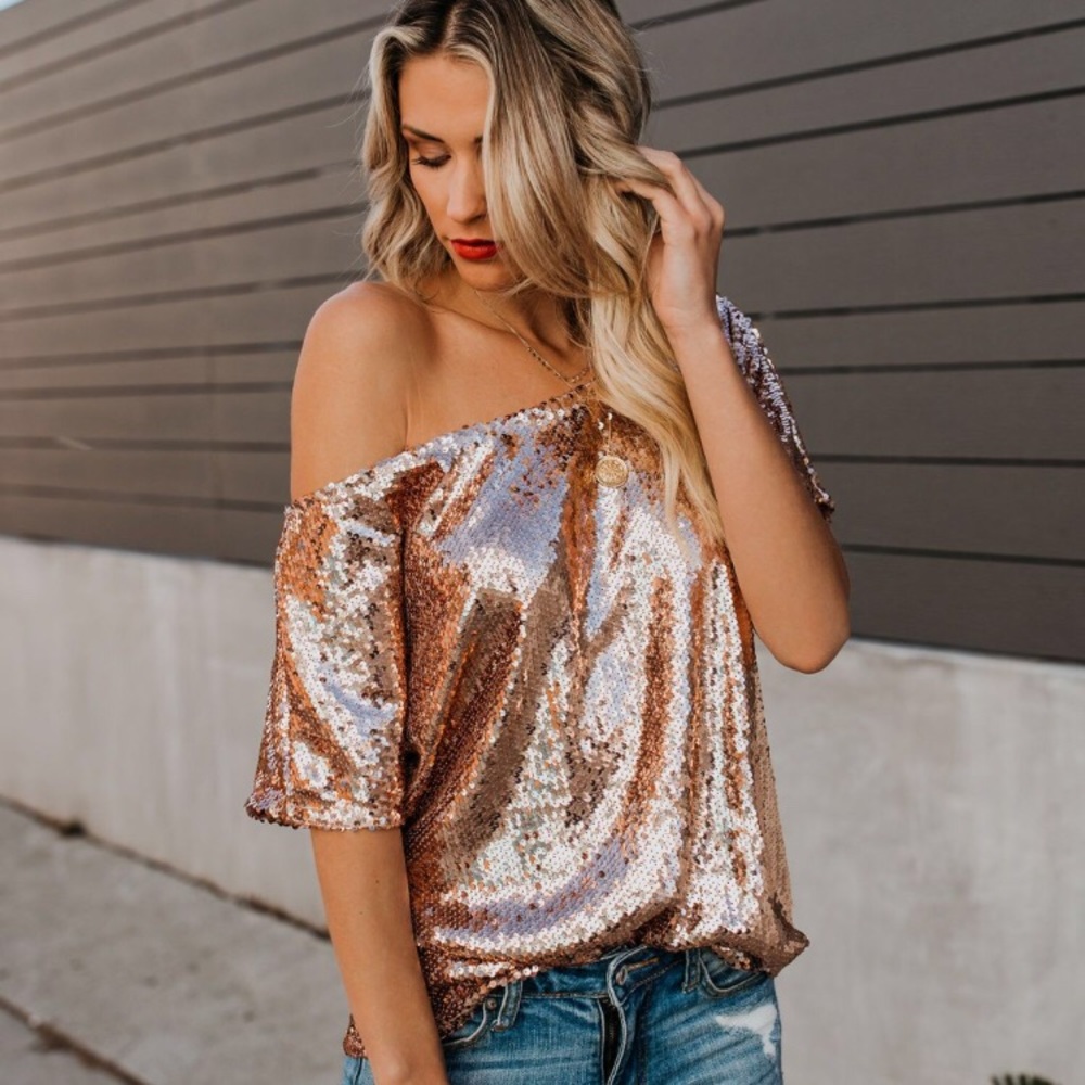 Rose Gold Sequin off the Shoulder top 🔥